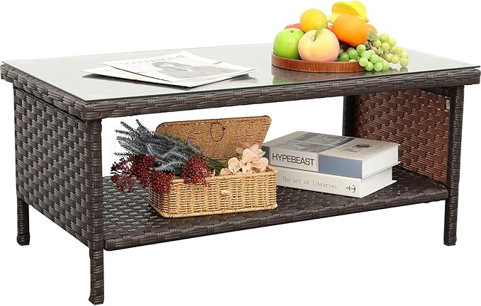 Outdoor Wicker Coffee Table Patio Furniture Garden Rattan 2-Layer Glass Table...