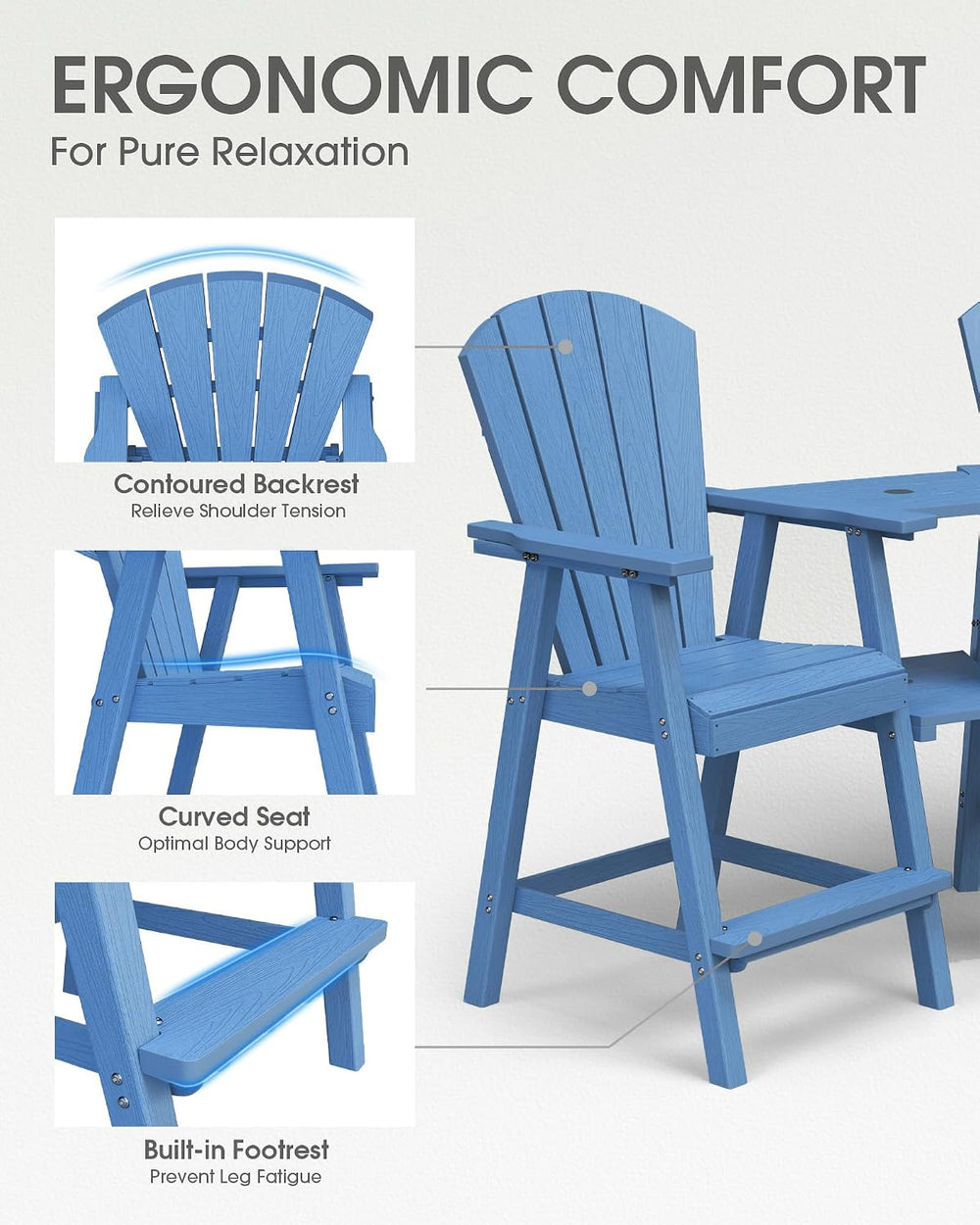 Tall Adirondack Chairs Set of 2 with Double Removable Trays, Blue