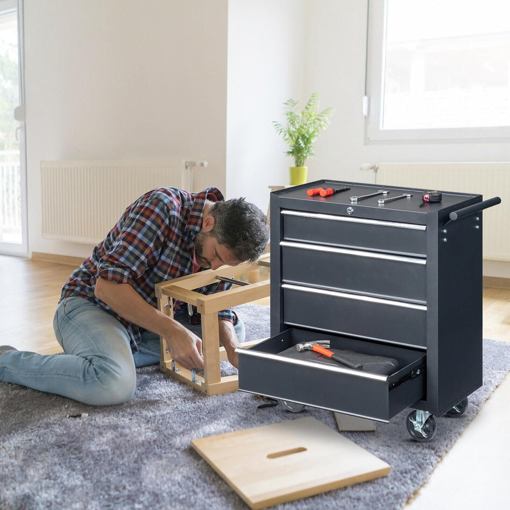 4 Drawer Rolling Tool Cabinet, Lockable Steel Tool Chest, Black