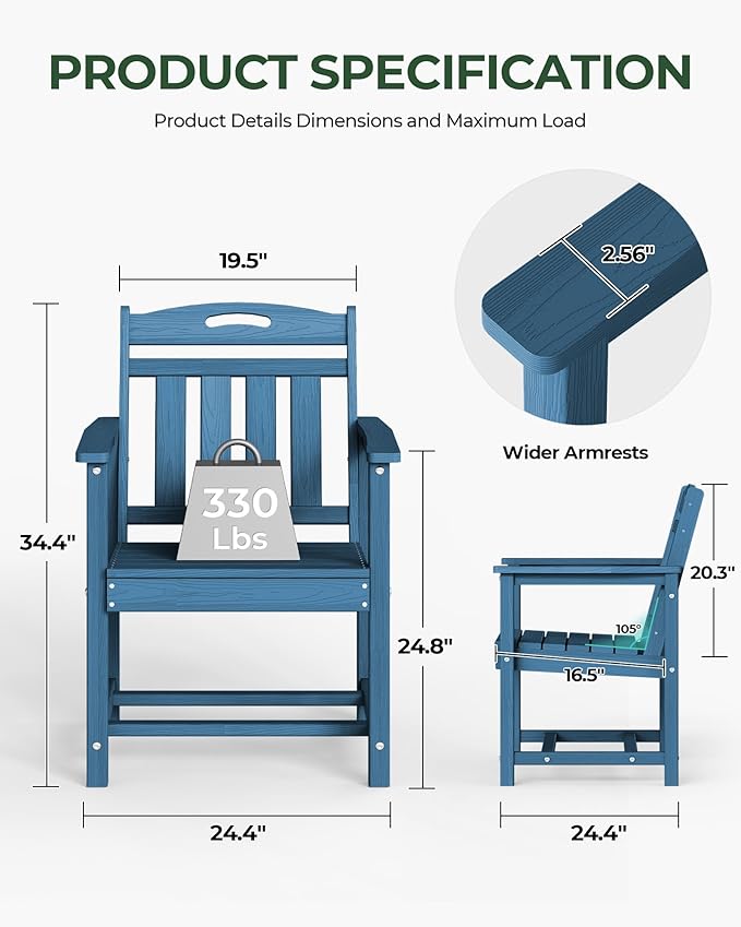 Set of 2 Weatherproof Patio Chairs - HDPE Outdoor Dining Chairs with Wide Sea...
