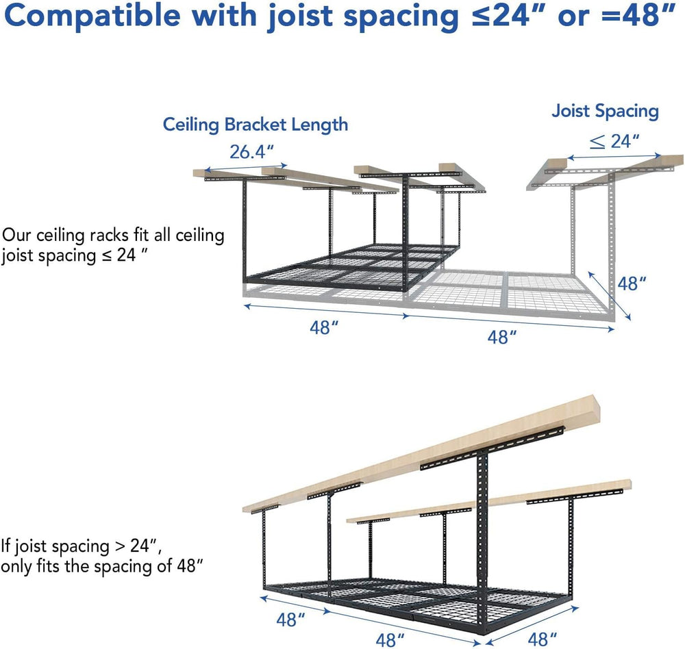 FLEXIMOUNTS 4x8 Overhead Garage Ceiling Storage Rack with 6 Hooks, Black