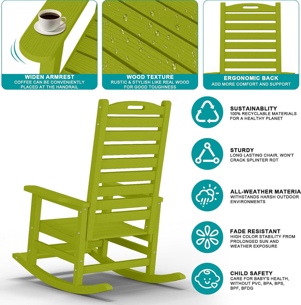 PLUUV Outdoor Rocking Chair with Removable Footboard for Adults, HDPE High Ba...