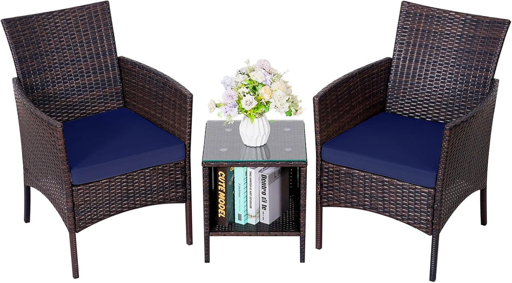 Patio Porch Furniture Sets 3 Pieces Rattan Wicker Chairs with Table Outdoor G...