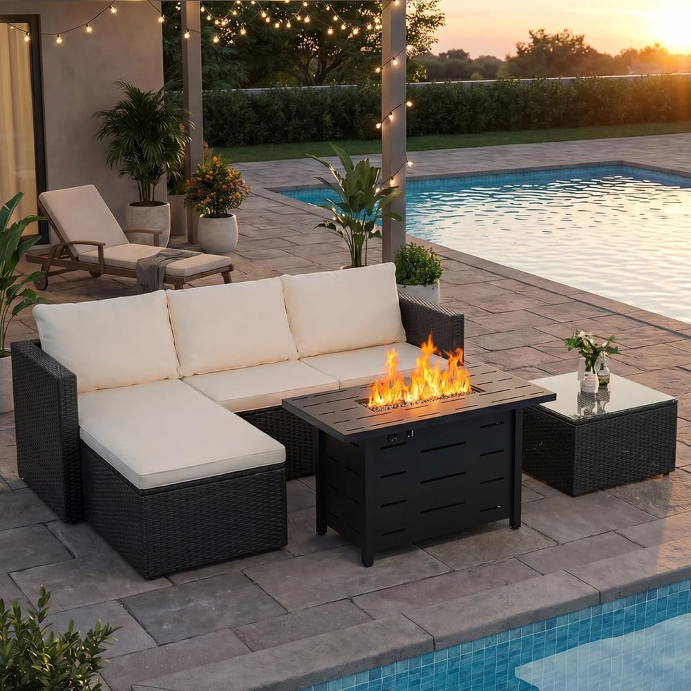 JAMFLY 4-Piece PE Wicker Patio Set with 43" Propane Fire Pit Table, Beige