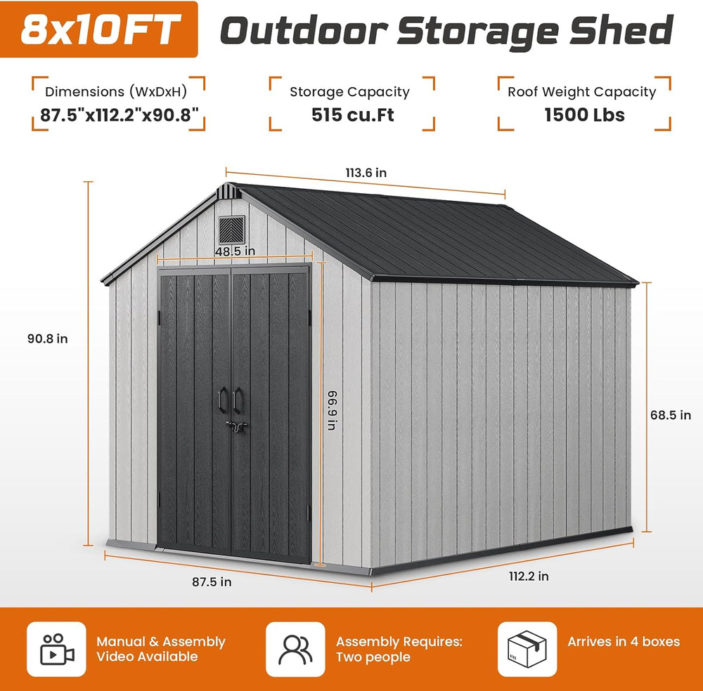 Jocoevol Heavy Duty Storage Shed, 8x10FT Resin Outdoor Shed for Backyard