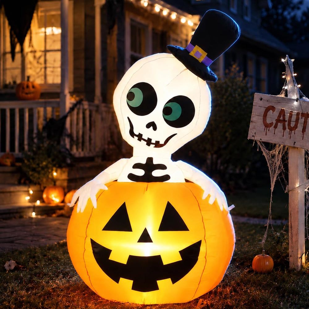 5FT Halloween Inflatable Pumpkin Skeleton LED Yard Decor