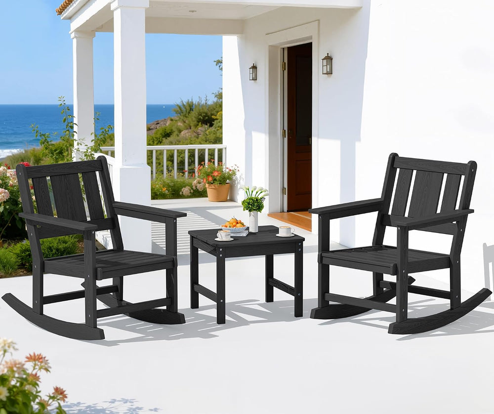 SERWALL 3-Piece Patio Furniture Set with 2 Rocking Chairs & Table, Black