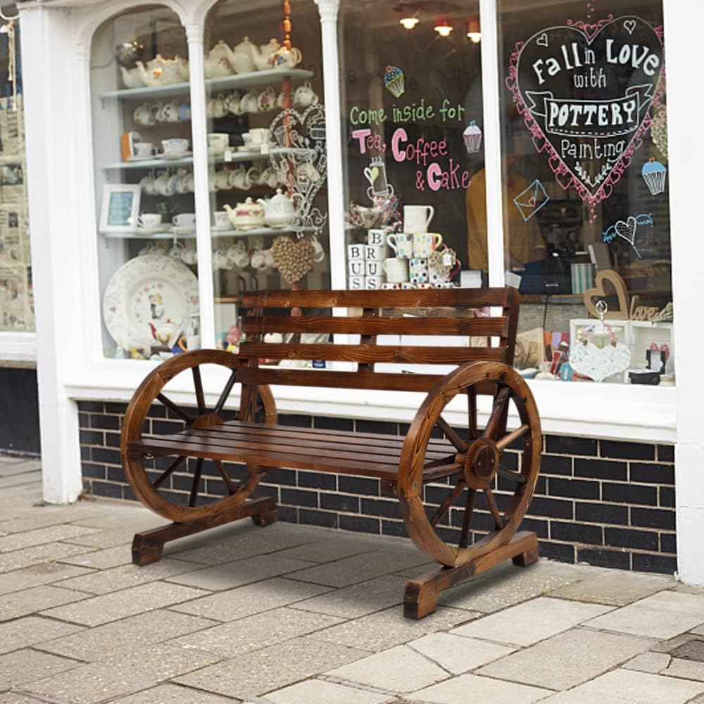 Wooden Wagon Wheel Bench,Rustic 2-Person Wooden Seat Wagon Wheel Bench with S...