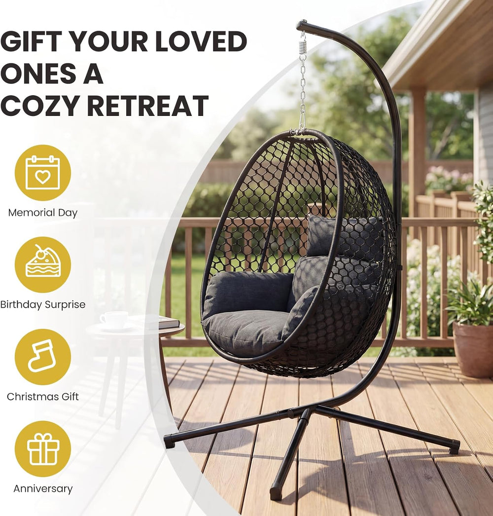Egg Chair Outdoor with Stand, 400lbs Wicker Hanging Egg Swing Chair, Porch Sw...
