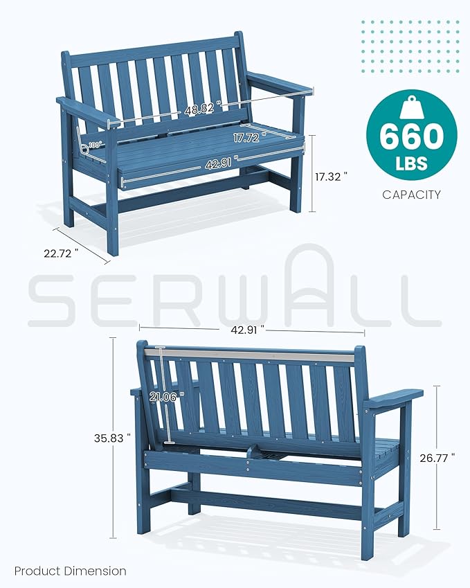 SERWALL HDPE Outdoor Benches Weatherproof, 2-Person Garden Bench with 660 lbs...