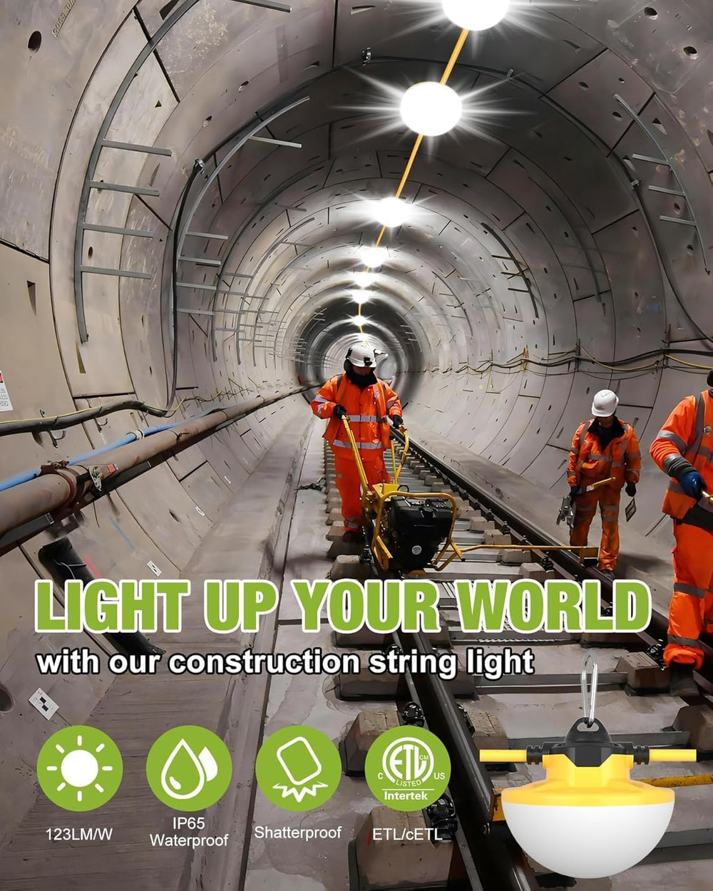 100FT LED Construction String Lights 130W 16000LM Industrial String Work Ligh...