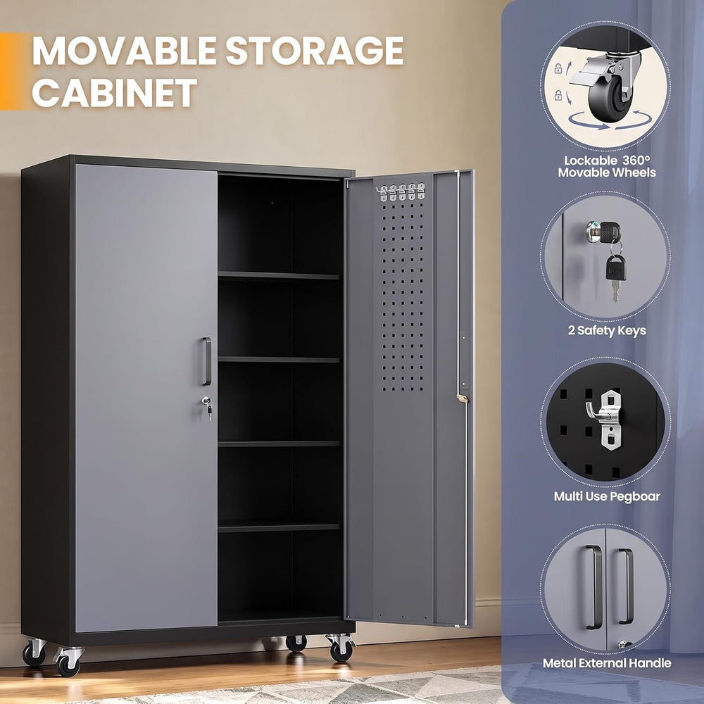 Yizosh Wide&Deep Metal Garage Storage Cabinet,71" Gray Black Tools C...