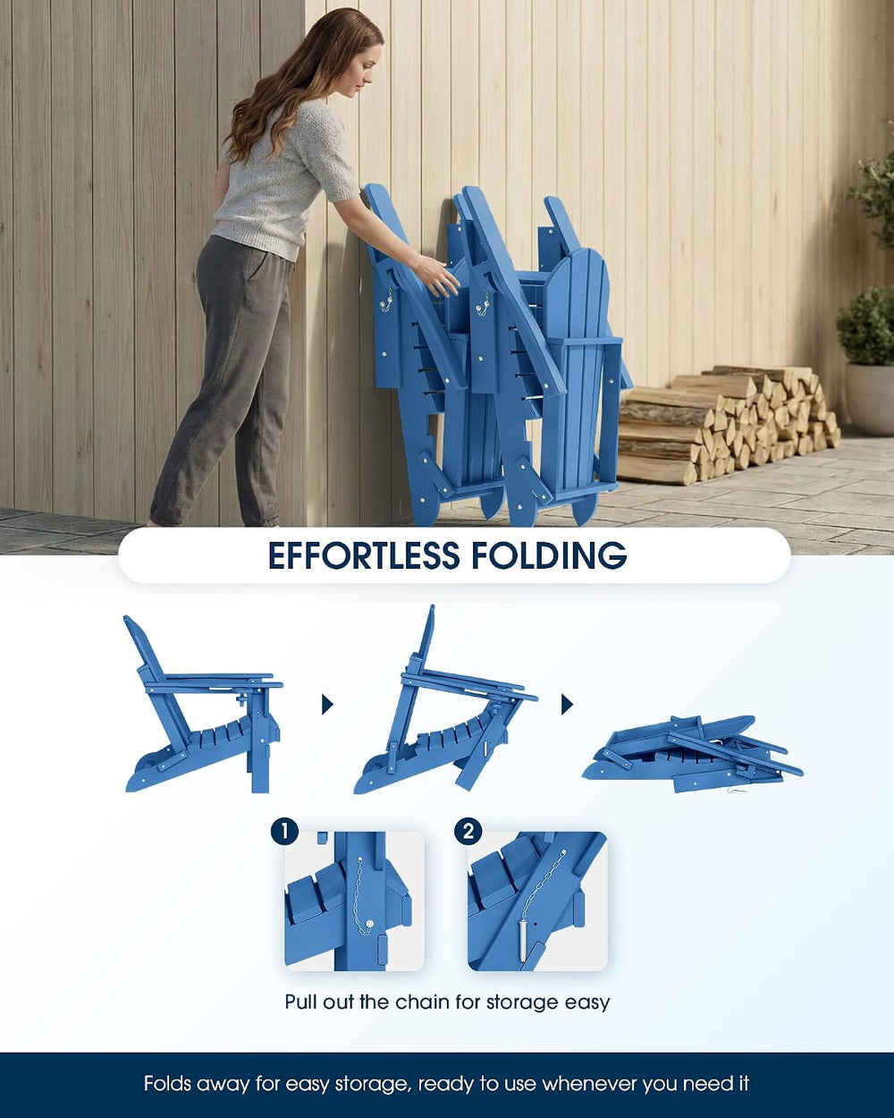 MUCHENGHY Folding Adirondack Chair HDPE for Fire Pit Outdoor, Navy Blue