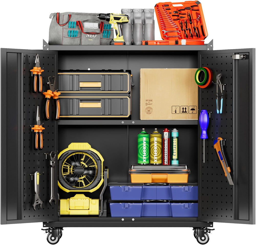 Metal Rolling Garage Storage Cabinet with Wheels, Pegboard Doors
