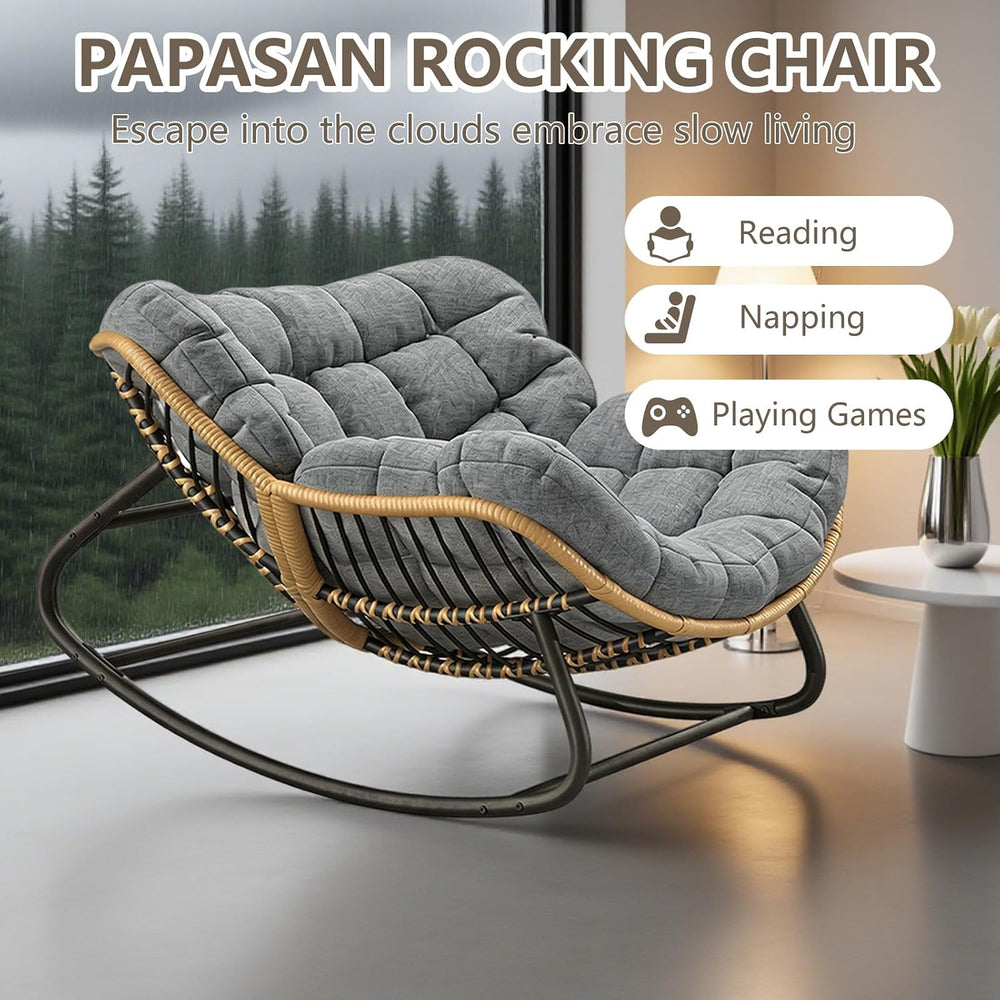 Oversized Papasan Rocking Chair with Extra Thick Cushion, Rattan Wicker Egg C...