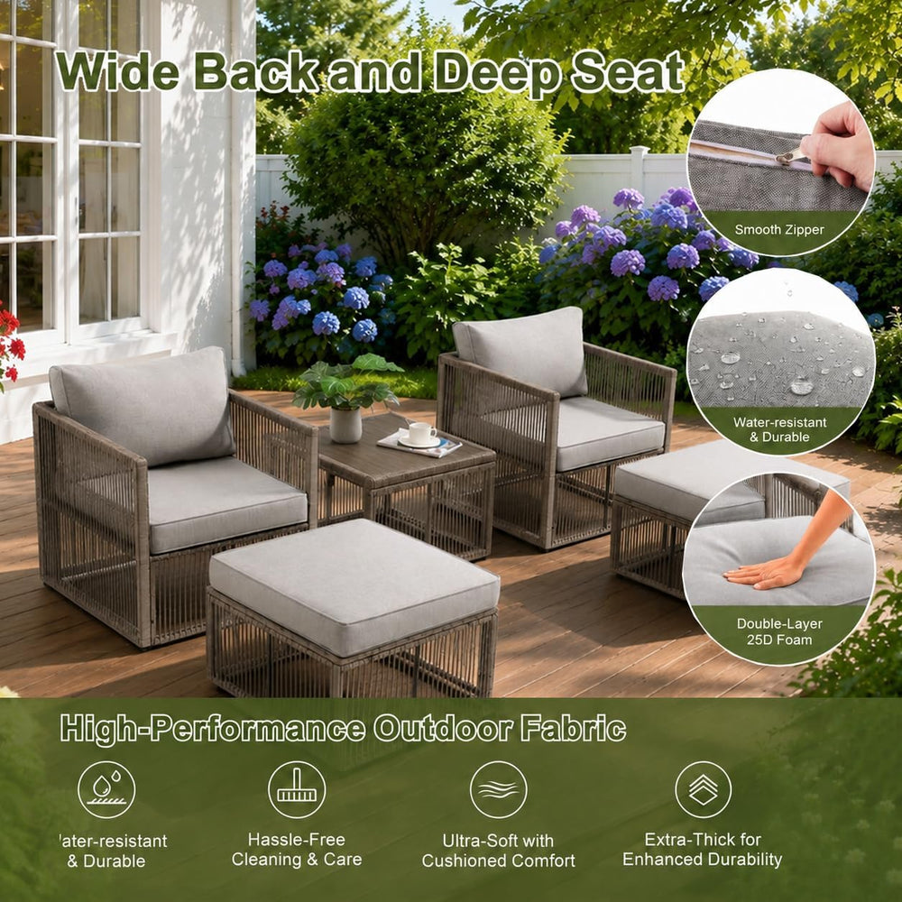 5-Piece Patio Furniture Set, All-Weather PE Rattan Wicker Arm Chairs with Ott...