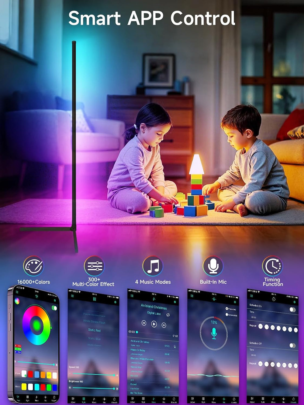 Tyute Corner Floor Lamp, RGB LED Corner Lamp with Music Sync, Smart App and R...