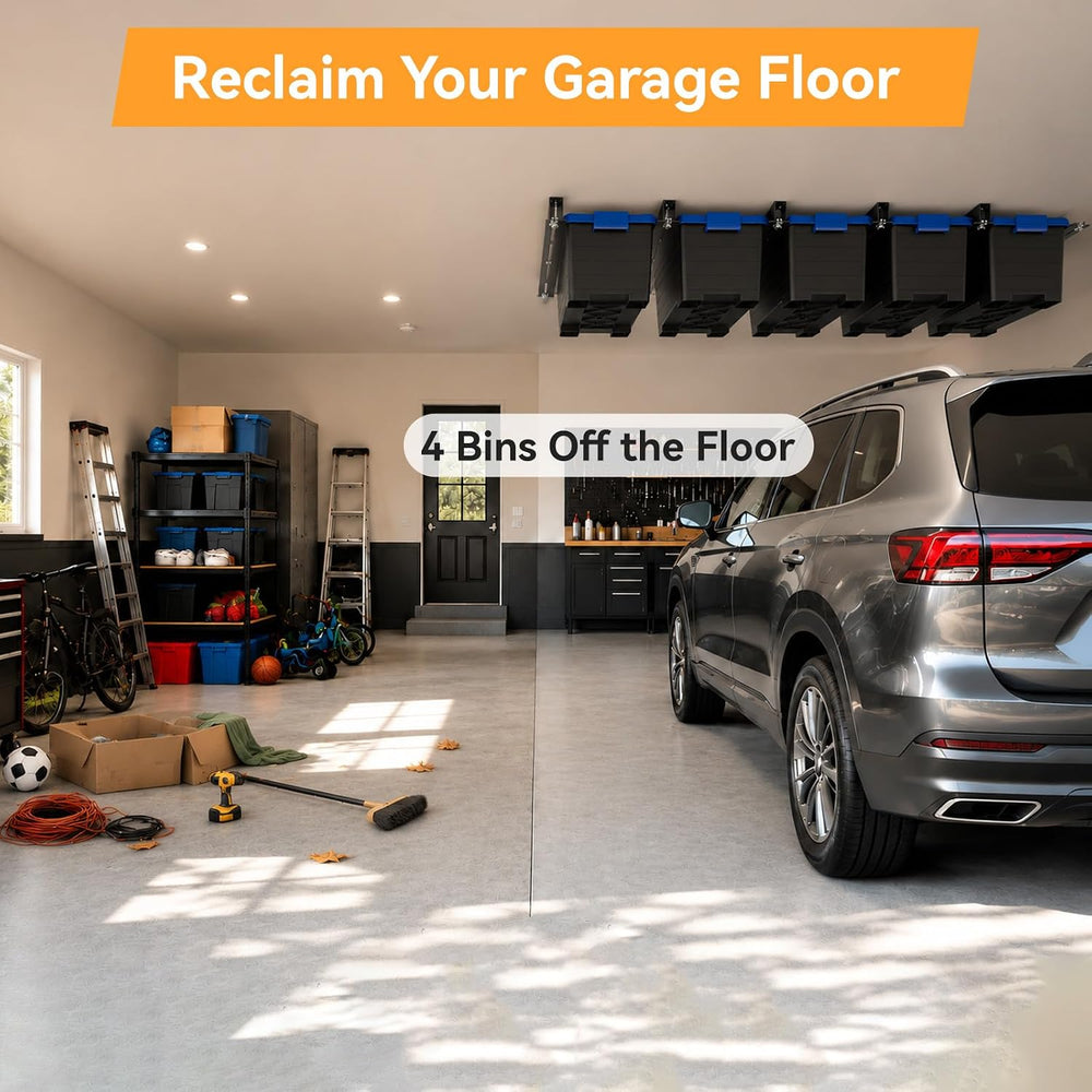 Garage Ceiling Storage Racks for 6 Bins, 17" Heavy Duty Steel Rails, Ove...