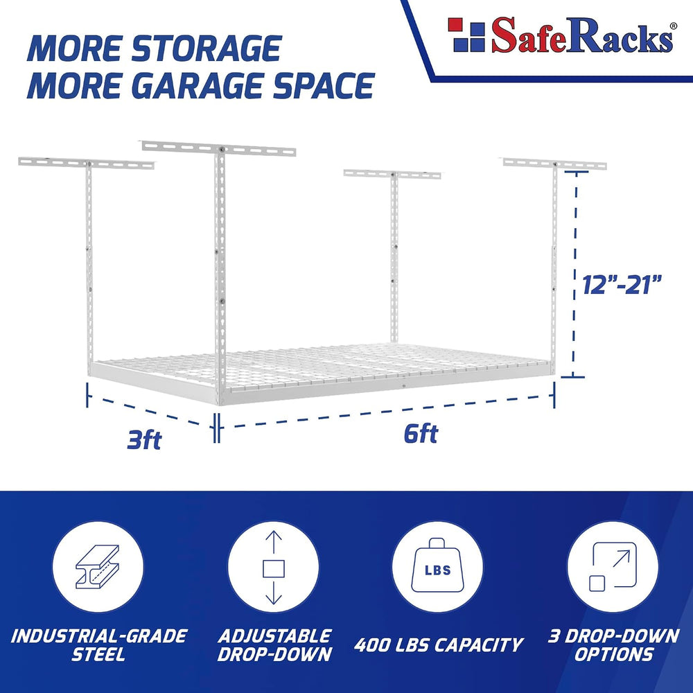 SafeRacks 3x6 Overhead Garage Storage Rack, White, 12"-21" Height