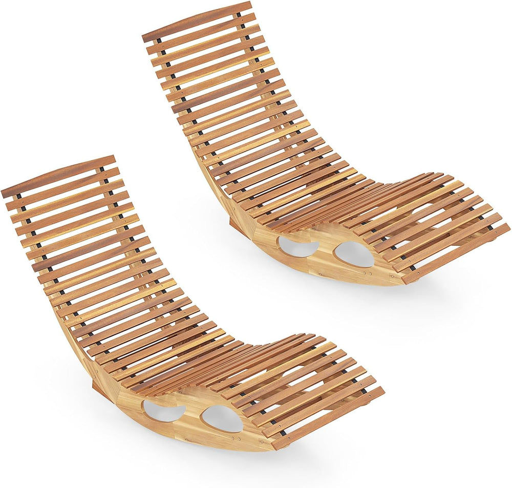 Tangkula Outdoor Chaise Lounge Chair Set of 2, Acacia Wood Rocking Sun Lounge...