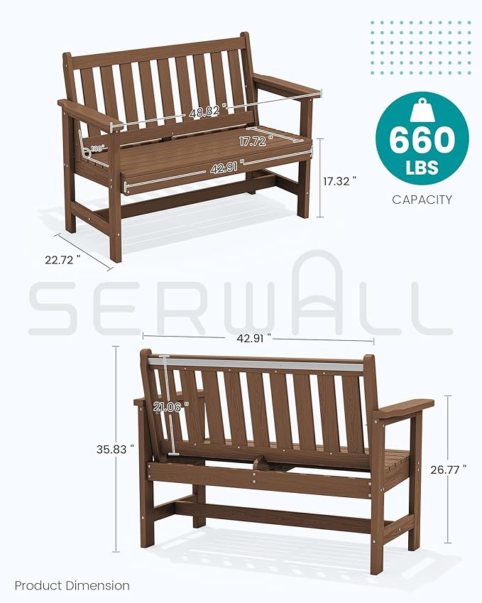 SERWALL Outdoor Bench, HDPE Outdoor Benches Weatherproof, 2-Person Garden Ben...