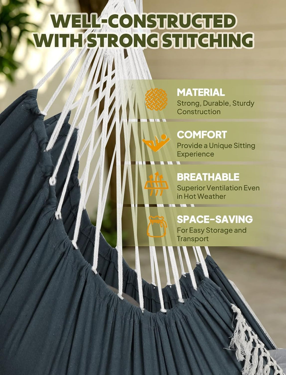 Chihee Hammock Chair Max 500 Lbs 2 Cushions Spreader Bar Strap Carabiner