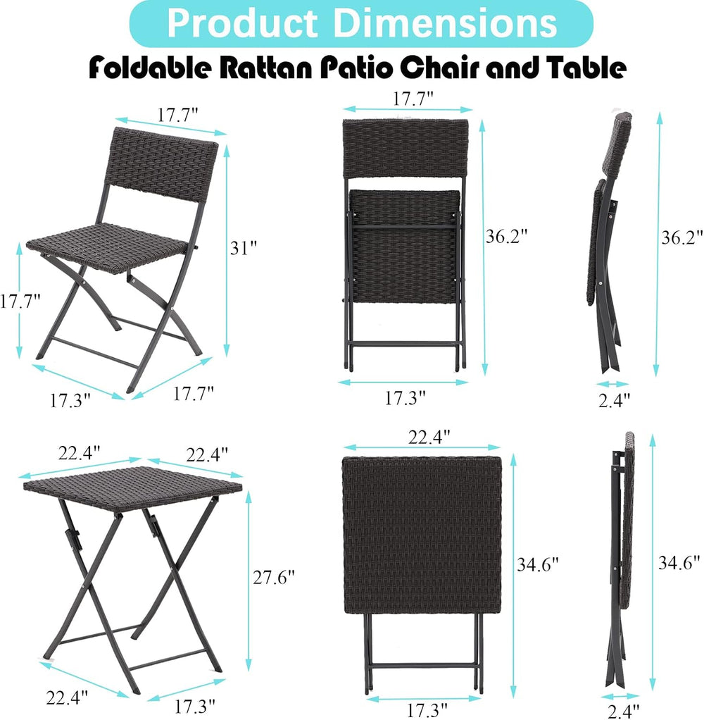 Three Pieces Folding Table and Chair Patio Outdoor Conversation Bistro Set by...