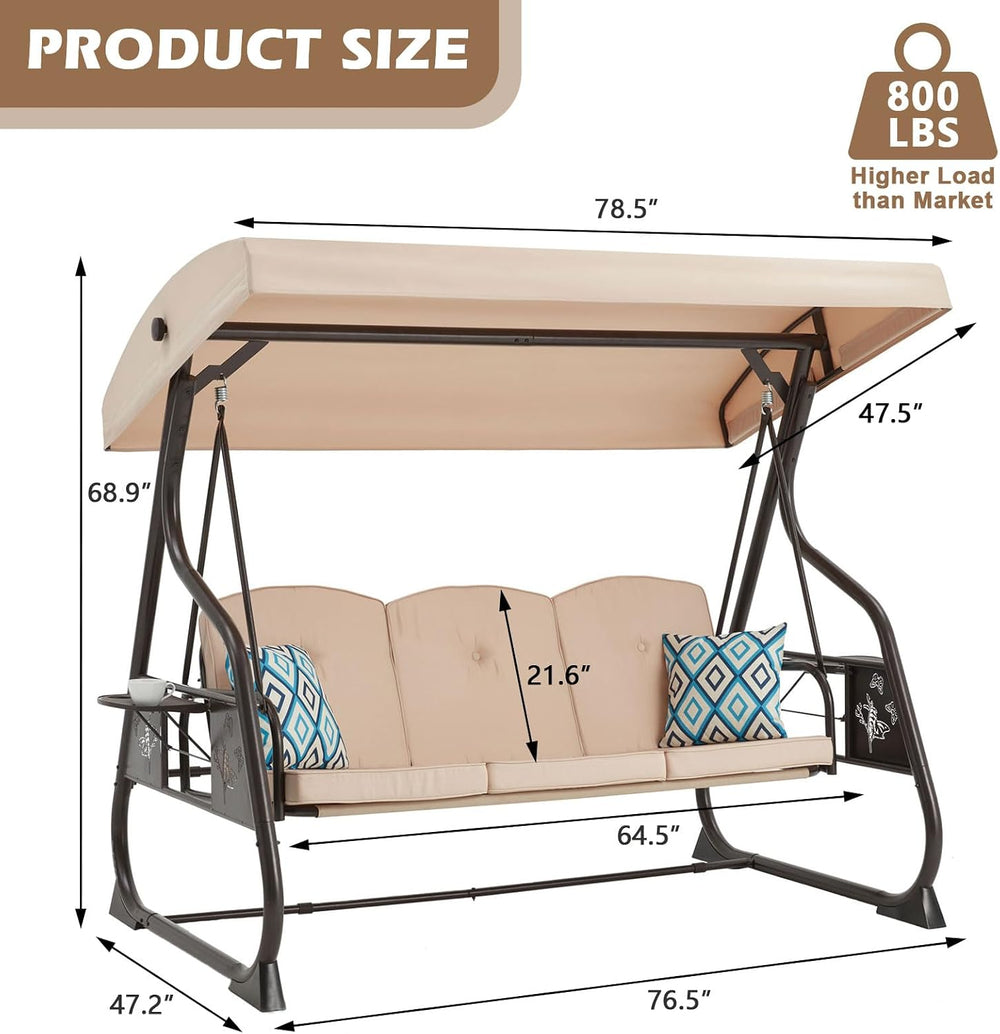 3-Seat Patio Porch Swing 800LBS Outdoor Swing with Stand w/Canopy & Adjus...