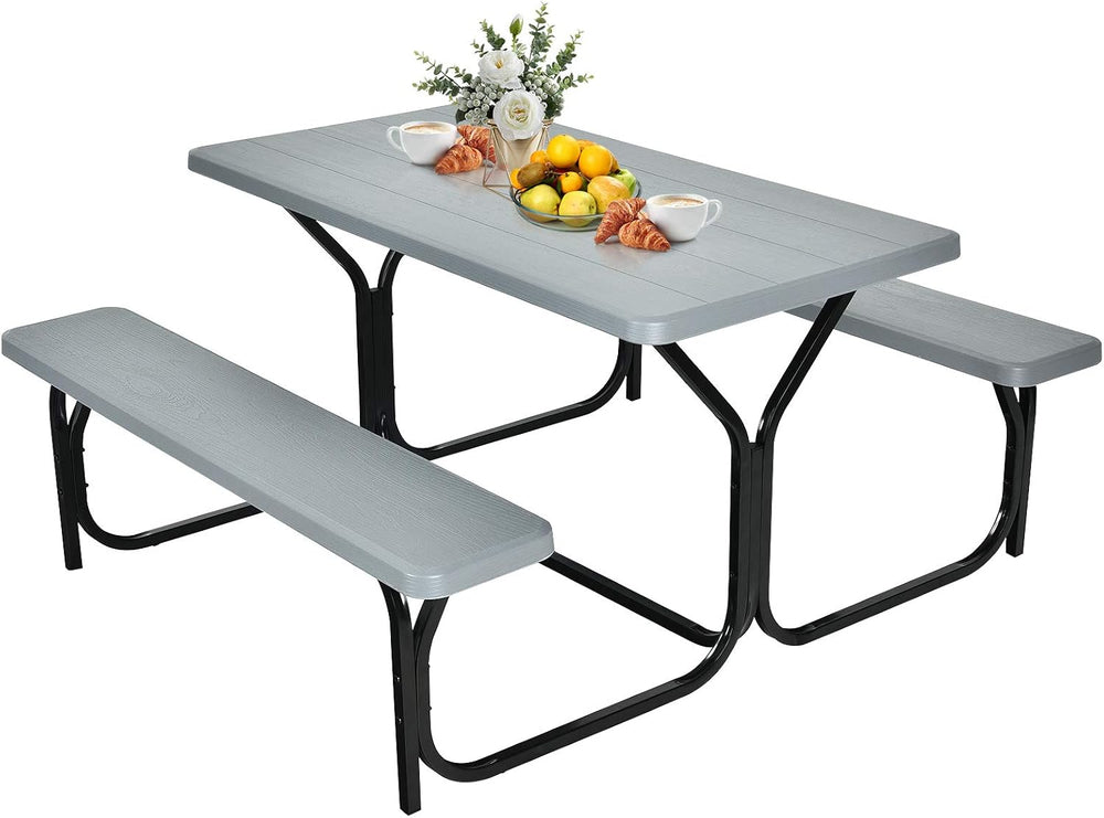 GYMAX Picnic Table, Picnic Bench Easy to Assemble w/All Weather Wood Grain Ta...