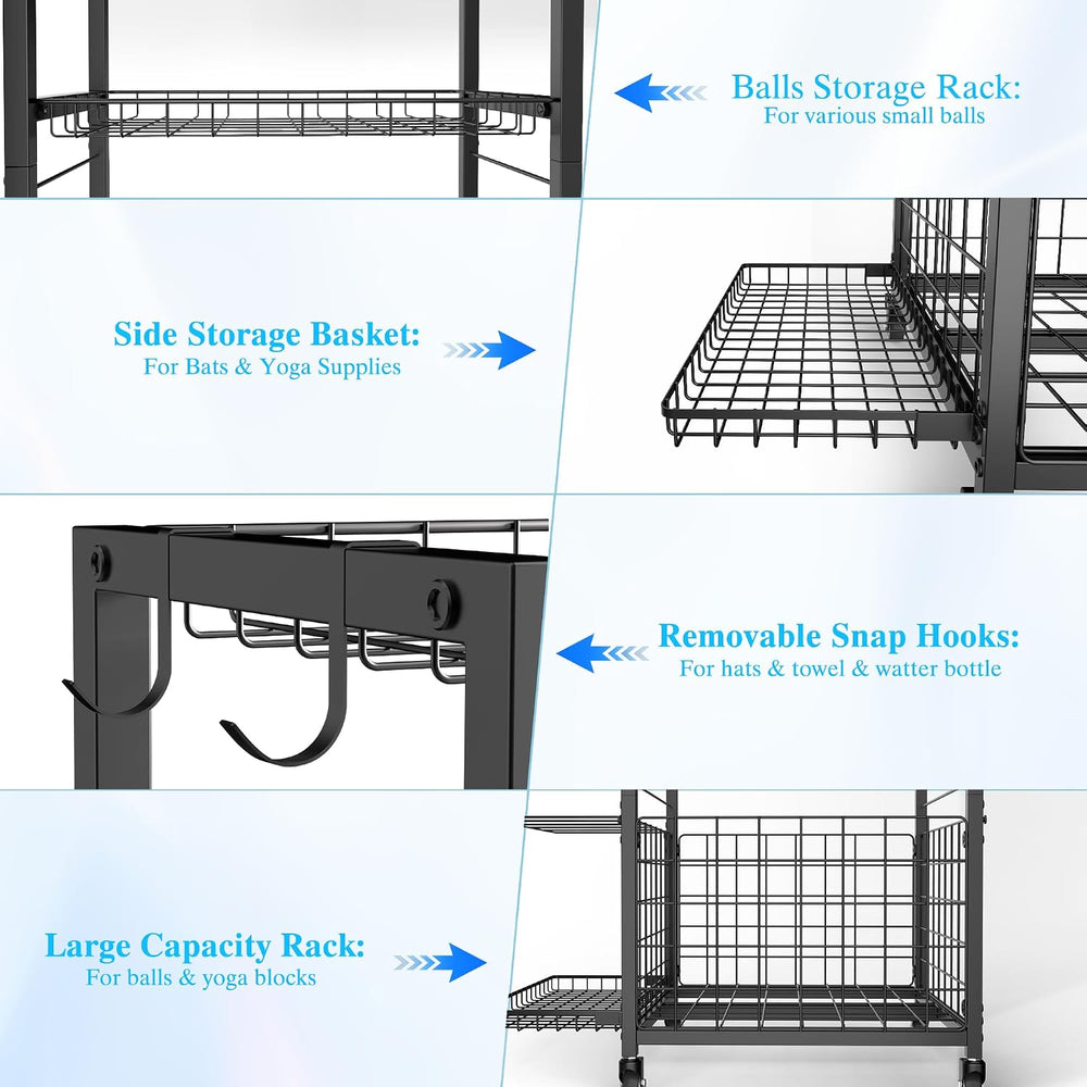 Sports Equipment Garage Organizer,Garage Ball Storage Rack for Sports with Wh...