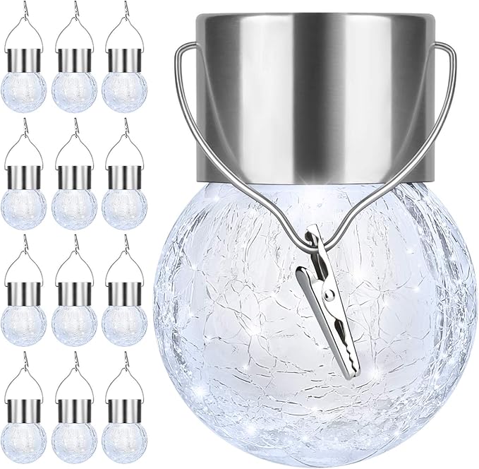 12Pack Outdoor Hanging Solar Lights - Solar Powered Crackle Glass Ball Lights...