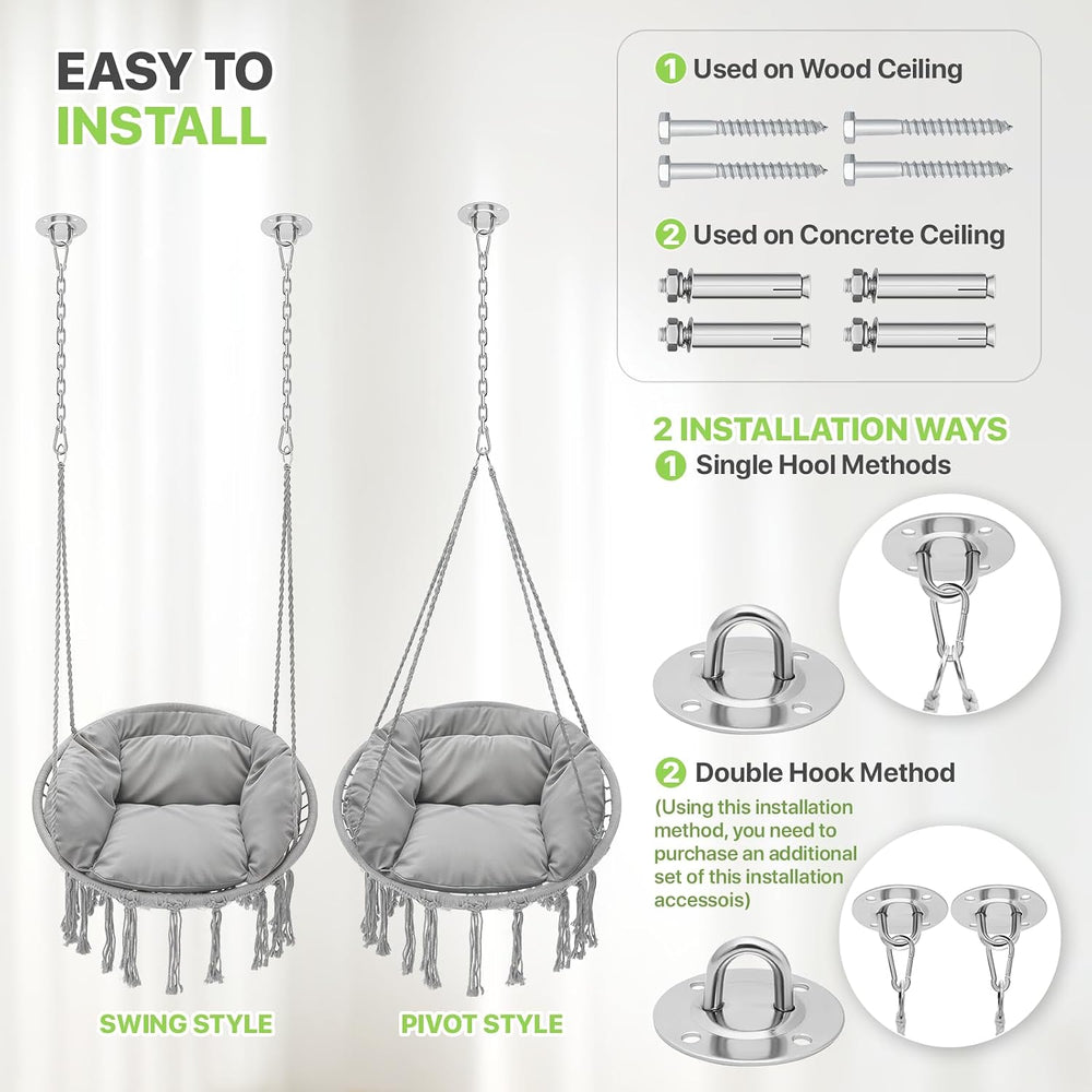 Magshion Macrame Hanging Hammock Chair with Cozy Full Cushion, Gray