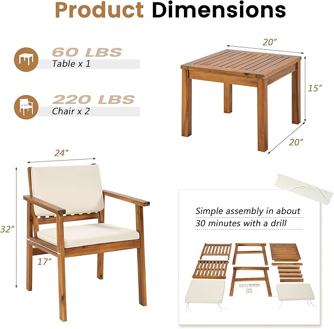 Flamaker Patio Chairs 3 Piece Acacia Wood Patio Furniture with Coffee Table &...