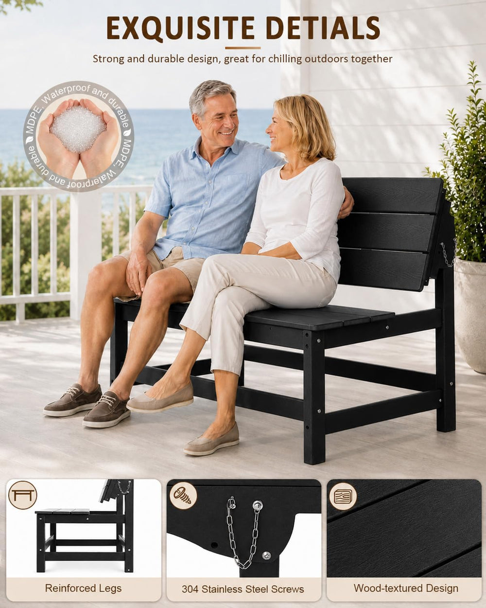 2 in-1 Outdoor Bench, HDPE 2 Person Outside Bench Weatherproof, Black