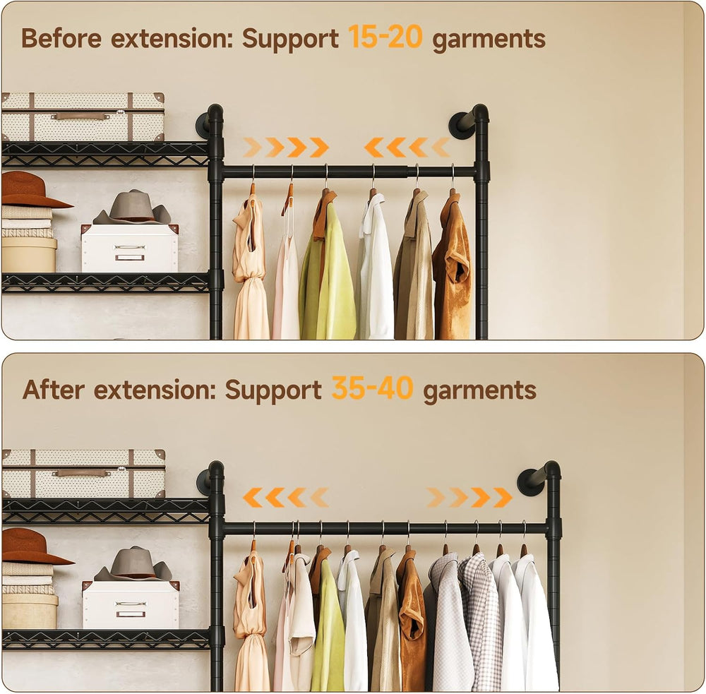 ONBRILL H3 Wall Mounted Closet System, Industrial Pipe Clothing Rack, Black