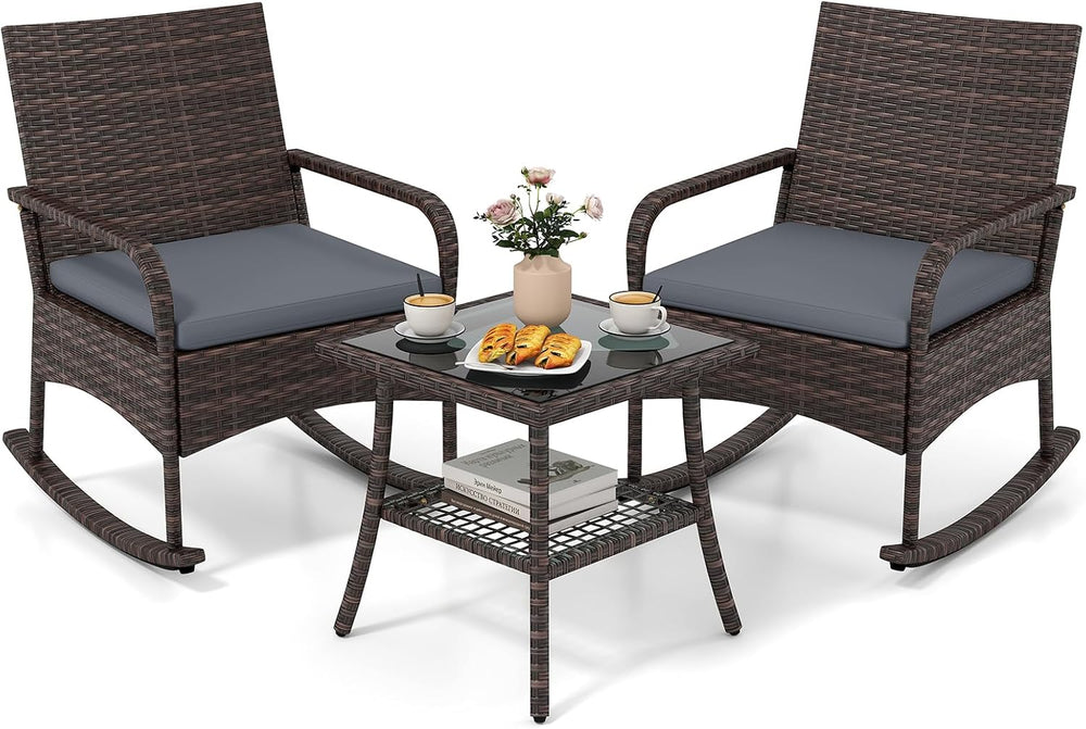 Tangkula 3-Piece Outdoor Wicker Rocking Bistro Set with 2-Tier Coffee Table