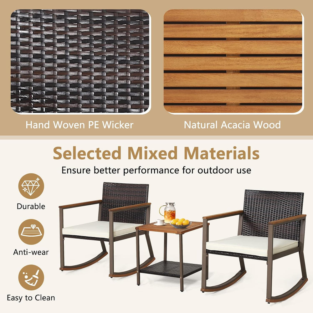 COSTWAY 3 Pieces Patio Rocking Bistro Set, Outdoor Wicker Acacia Wood Sets