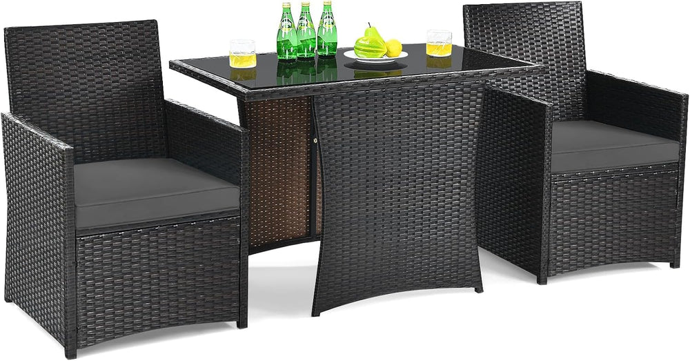 DORTALA Wicker Patio Bistro Set 3 Piece, Outdoor Table and Chairs with Temper...