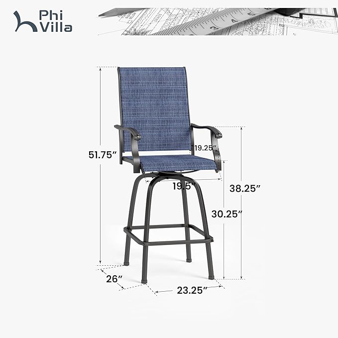 PHI VILLA Outdoor Swivel Bar Stools Set of 6, Bar Height Patio Chairs Furnitu...