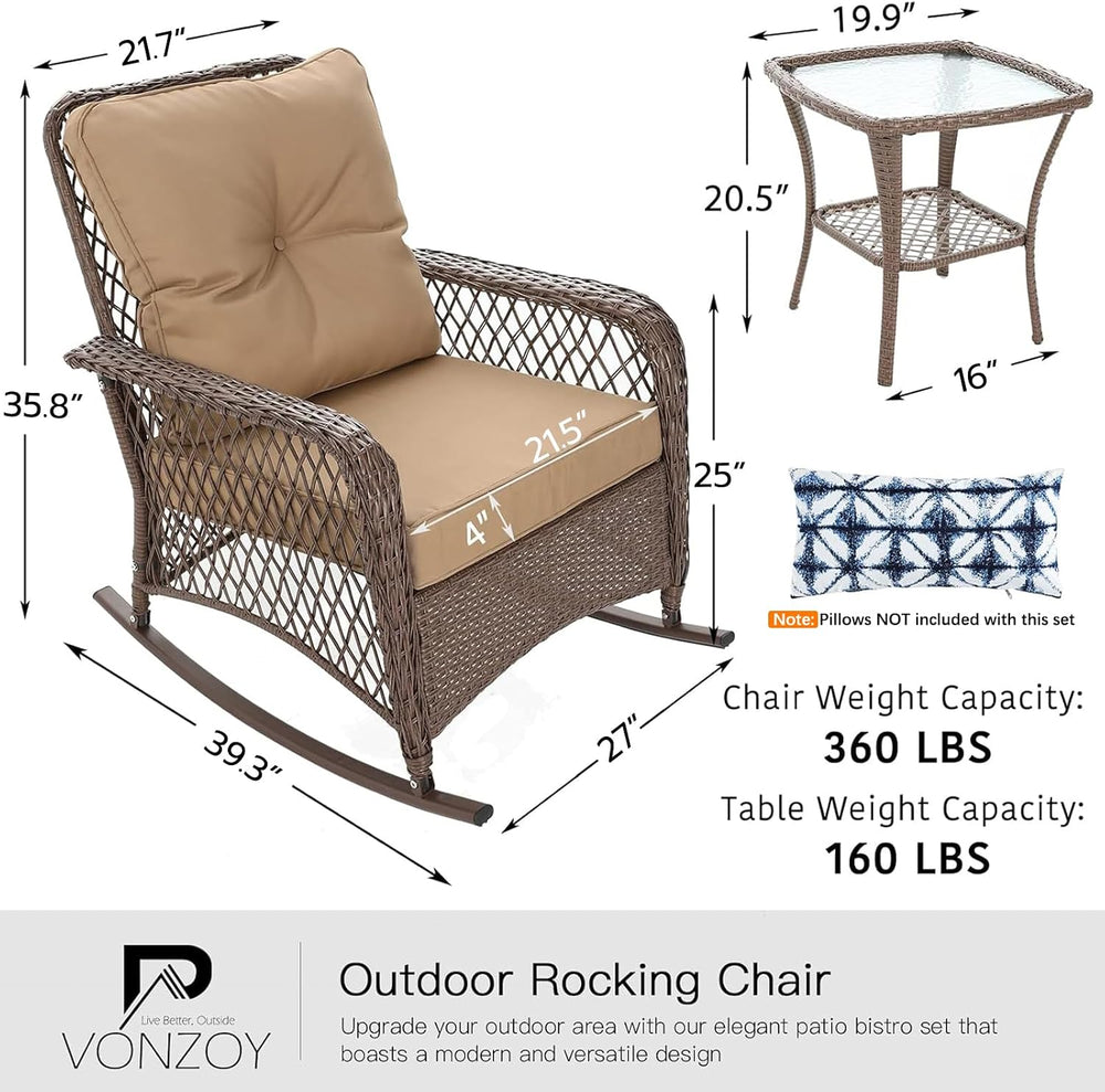Patio Furniture Set 3 Pieces, Wicker Outdoor Rocking Bistro Set, Khaki