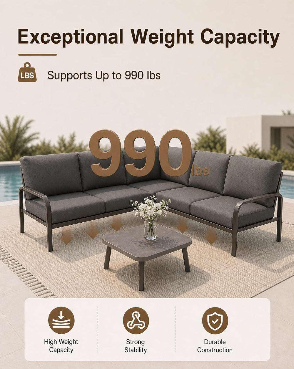 L-Shaped Aluminum Patio Conversation Set Outdoor Sectional Sofa Set, Gray