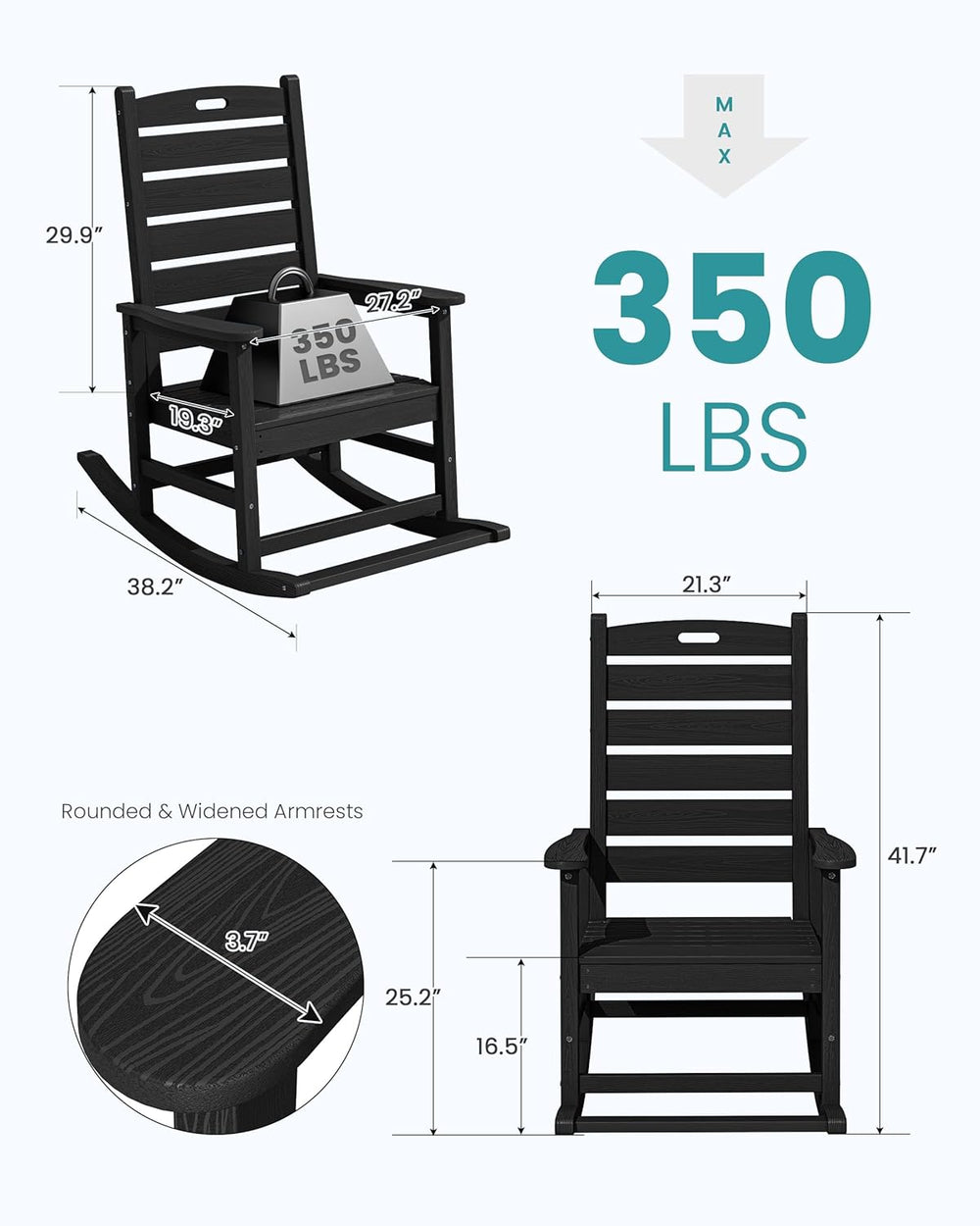 SERWALL Outdoor Rocking Chair Set of 2, Oversized HDPE Rocker, Black