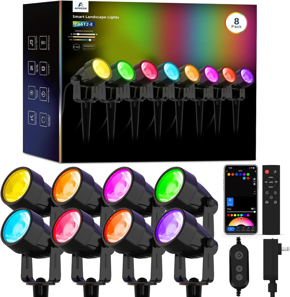 APPECK Landscape Lighting, RGBW Spotlights with APP Control,8 Pack