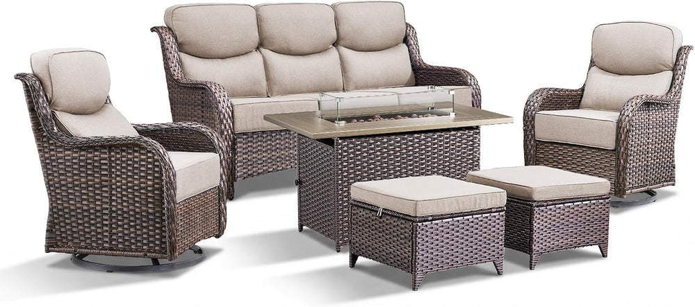 Luxury Patio Furniture Set with Fire Pit Table-6 Pieces All Weather Outdoor S...
