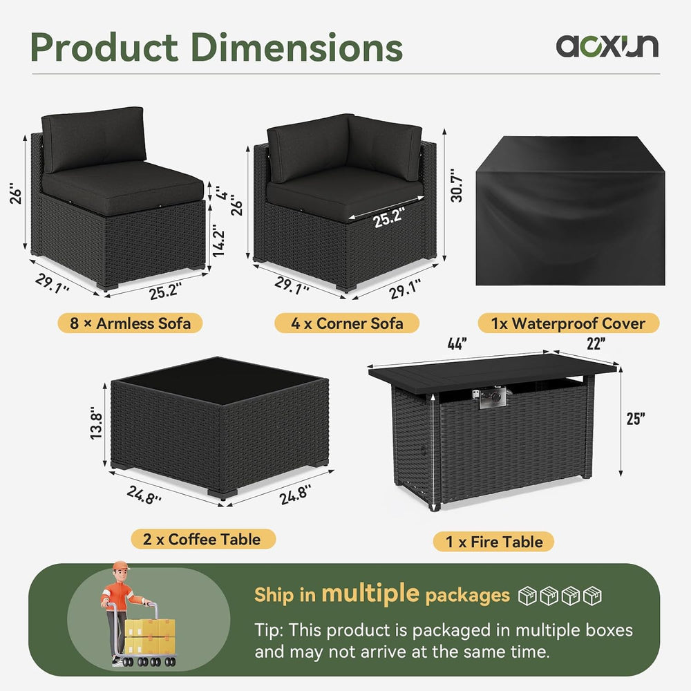 Aoxun 15 Piece Patio Furniture Set with 44” Fire Pit Table Wicker Patio Secti...