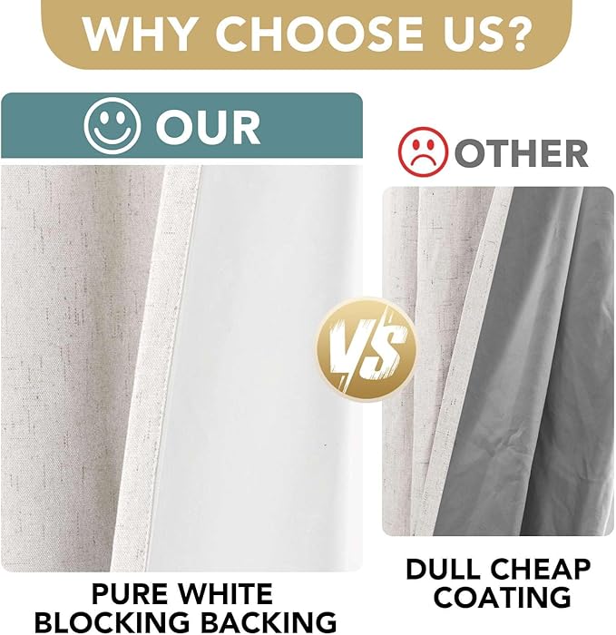 H.VERSAILTEX Ivory Curtains Blackout, 100% Blackout Linen Curtains with White...