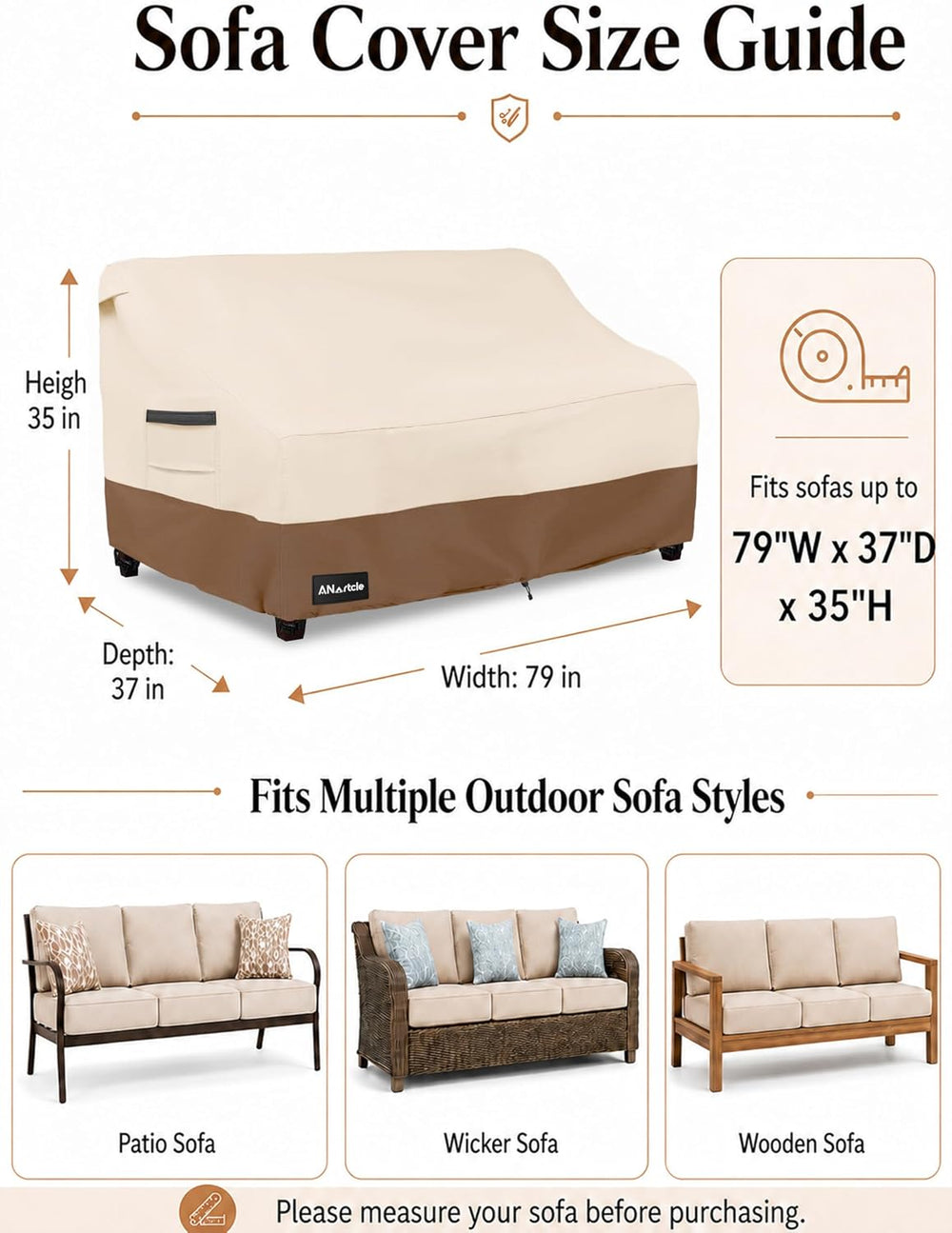 ANartcle 3-Seater Patio Sofa Cover,79W x 37D x 35H Inches Outdoor Couch Cover...