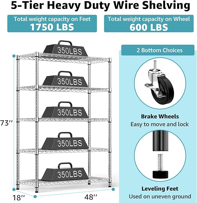 5-Shelf Storage Shelves,Wire Shelving Heavy Duty Metal Storage Shelving Unit ...