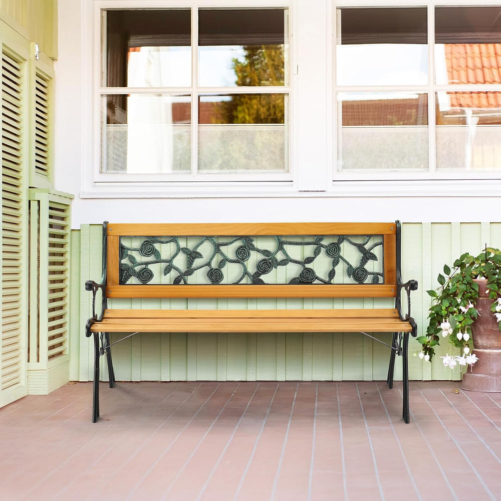 VINGLI Outdoor Bench, Weather Resistant Cast Iron Frame&Teak Wood Seat w/PVC ...