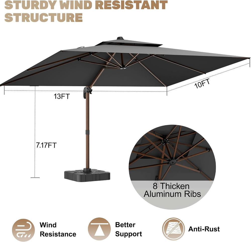10x13FT Cantilever Outdoor Patio Umbrellas with Base, Double Top Wood Pattern...